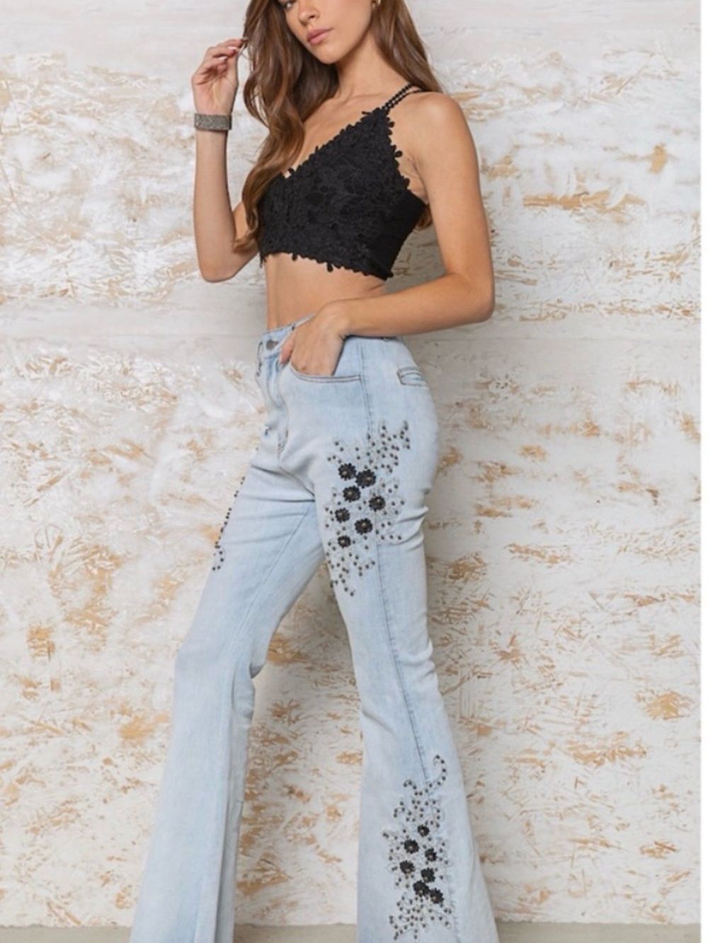 POL Embroidered Beaded Floral Boot Cut Jeans NWT Size Small